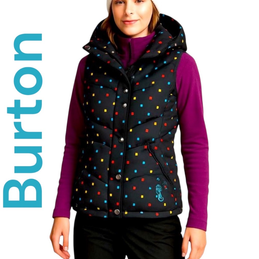 Burton-XS dry ride full zip hooded puffer vest. 2pockets Black/multi color. EUC!